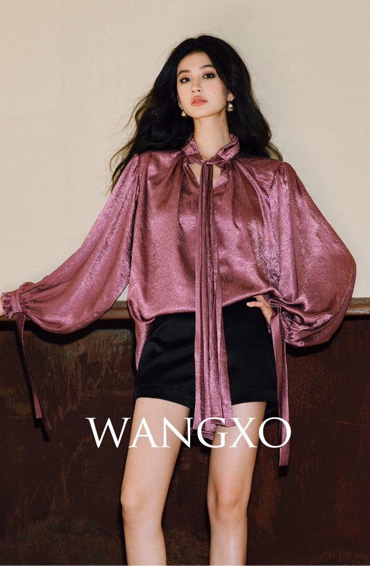 WANGXO | Glossy Satin Scratch & Bright Silk Interlace Pleated Streamer V-Neck Shirt -FÍYA.