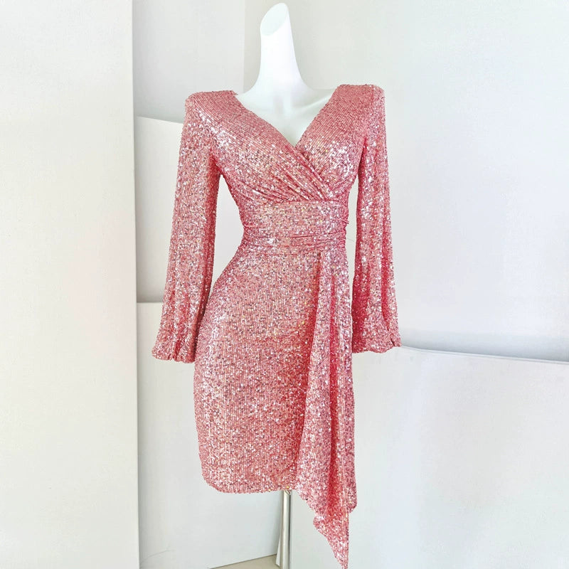 DOLLY Luxury Bright Sequin V-Neck Long Sleeve Short Irregular Hem Dress-WILLOW