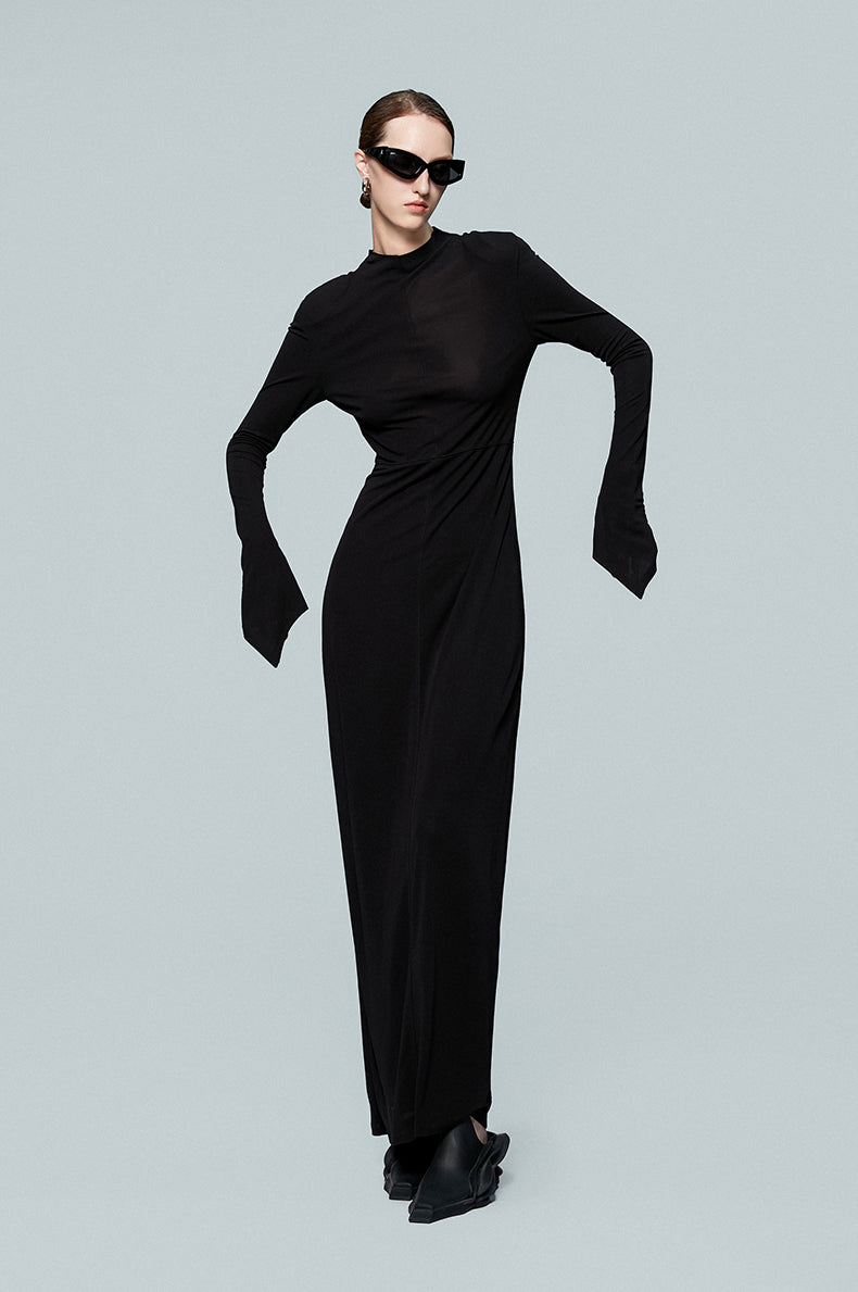ANNAKIKI high-end acetate black shoulder slim long sleeve dress-CAROLE