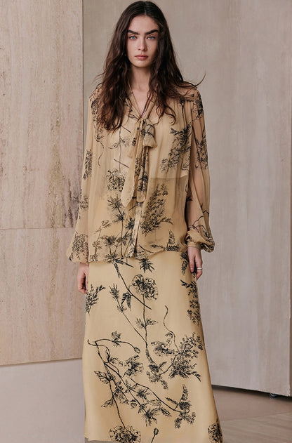 M essential Wise & Elegant Relaxed Resort Silk Flowing Streamer Print Skirt-SELVARA.