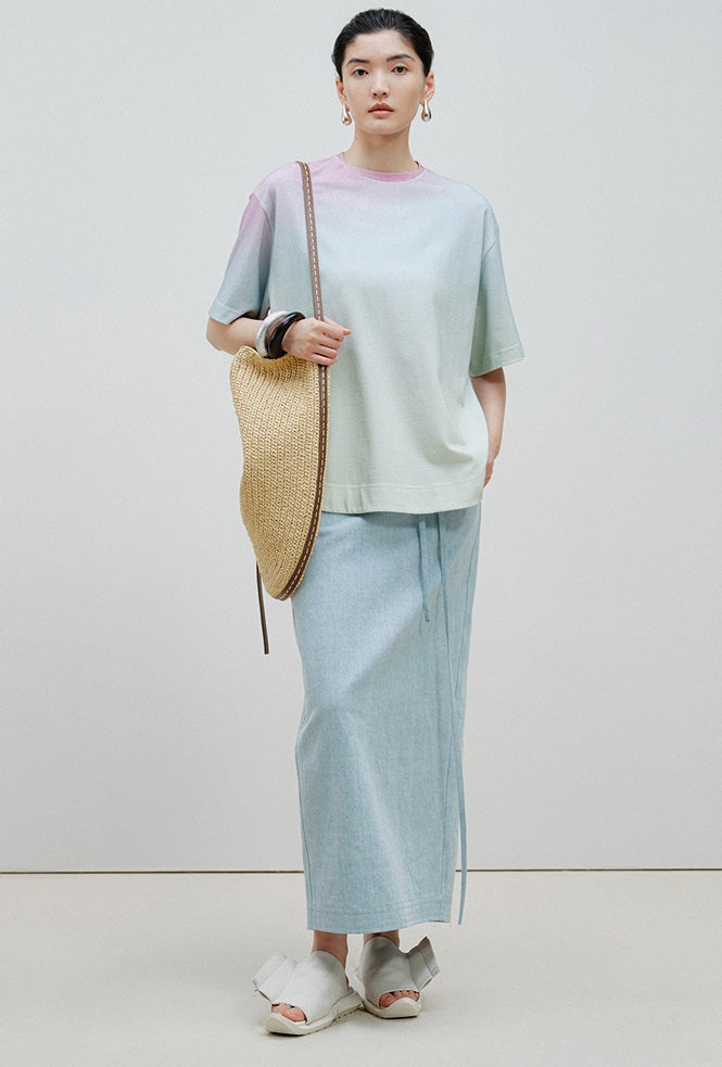 ZHUCHONGYUN summer blue belt loose straight length denim skirt-SOMA.