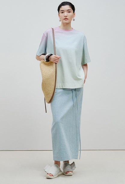 ZHUCHONGYUN summer blue belt loose straight length denim skirt-SOMA.