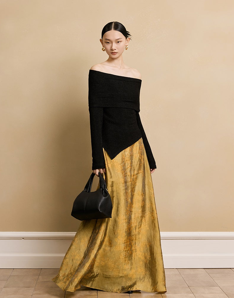 HECO stretch pleated off-the-shoulder long sleeve T-shirt - GRAD.