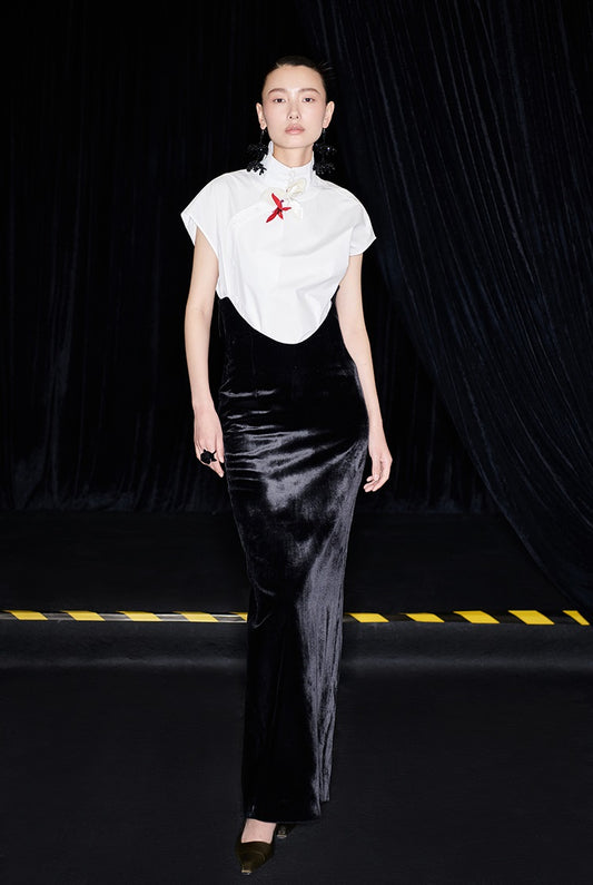 M essential Mackay designer bloom white dense cotton sleeveless stand-up collar shirt - NEON.