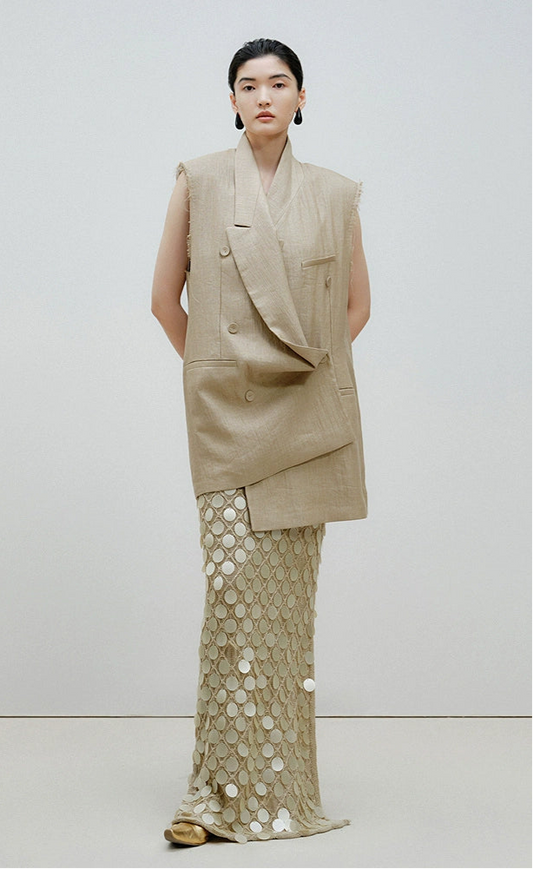 ZHUCHONGYUN khaki linen loose straight vest-ISHIGAMI.