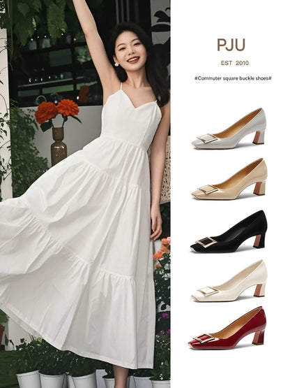 PJJUU thick metal square buckle high heels - VALLENT.