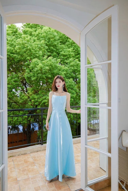 DOLLY High End Blue Off Shoulder Sleeveless Long Suspender Banquet Dress-AGATHA