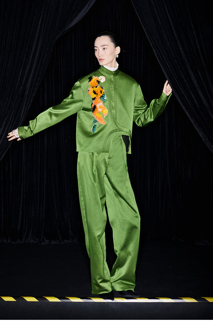M essential Mackay designer green raffia embroidered jacket pant set - jan.