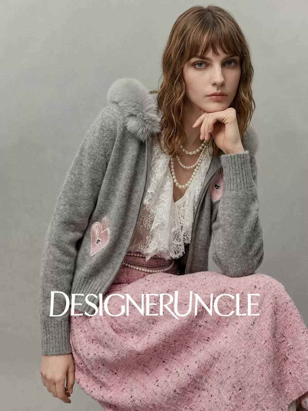 DGU×LAB "Matte Fleece" Gray Heart-Eye Embroidered Fur Collar Knitted Jacket - MIN