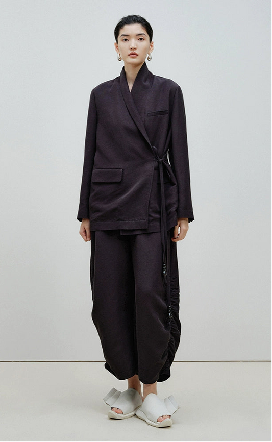 ZHUCHONGYUN black wrap style top and cocoon-shaped long pants outfit set-ARMSTRONG.