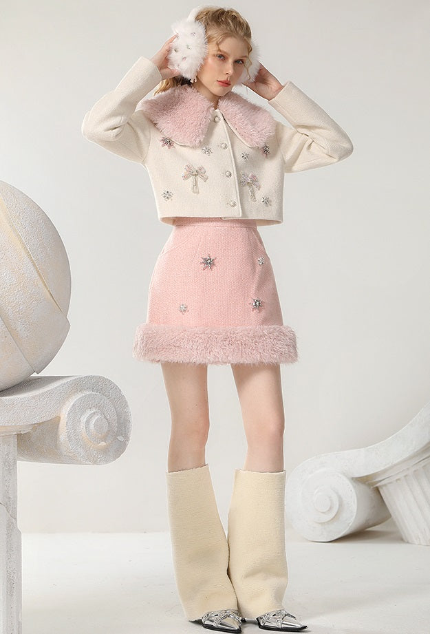 CHECOCRE Chic Romantic Sweet White and Pink Fur Collar Suit - INTENSE