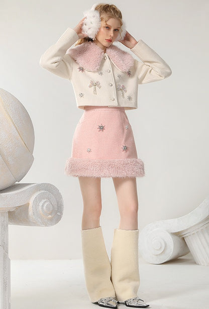 CHECOCRE Chic Romantic Sweet White and Pink Fur Collar Suit - INTENSE