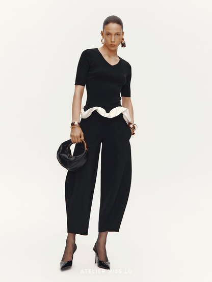 ATELIER MISS LU Hem Cloud Surround Paneled V-Neck Knit Top - SAFE.