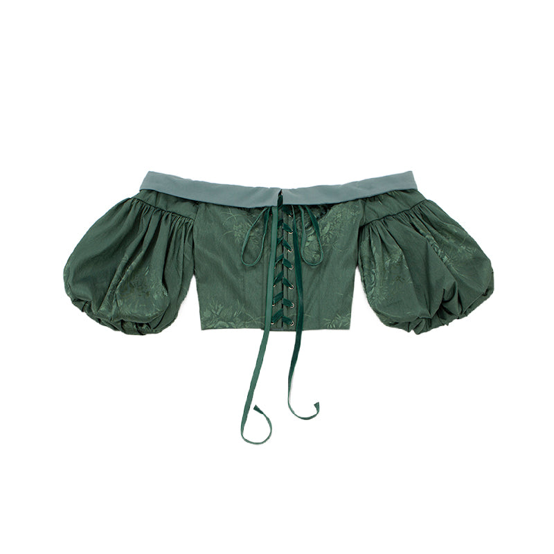 Le Palais Vintage original emerald elegant vintage fishbone strap puff sleeve skirt suit - Carin