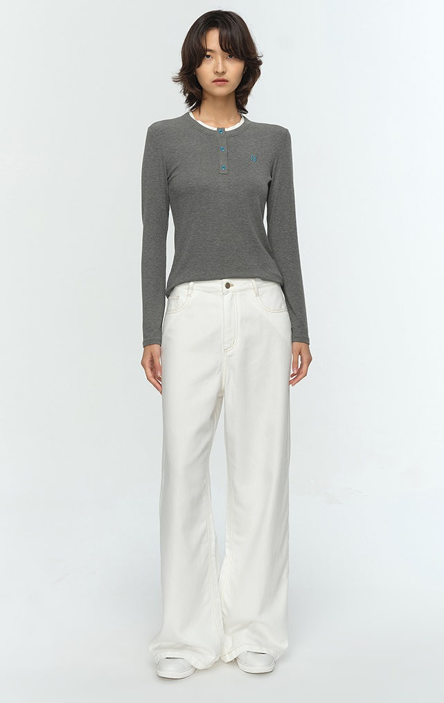 COMME MOI Lu Yan designer new women's clothing Henry collar color-blocked slim T-shirt- CHAOS.