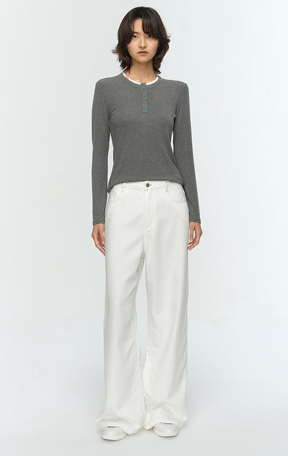 COMME MOI Lu Yan designer new women's clothing Henry collar color-blocked slim T-shirt- CHAOS.