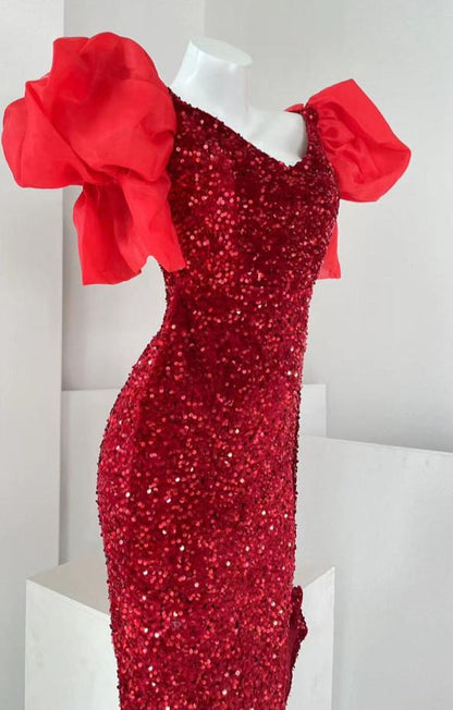 Dolly Elegant Black Sequin V-Neck Short Puff Sleeve Off Shoulder Evening Dress-JUANITA