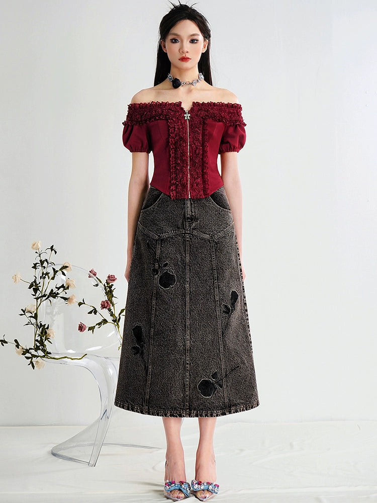 CHECOCRE Chic Stubble Fashion Temperament Embroidered Denim Skirt - FLUTTER