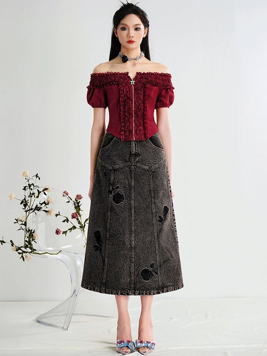CHECOCRE Chic Stubble Fashion Temperament Embroidered Denim Skirt - FLUTTER
