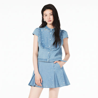 FAME beaded ruffled cropped denim top - NATALIE