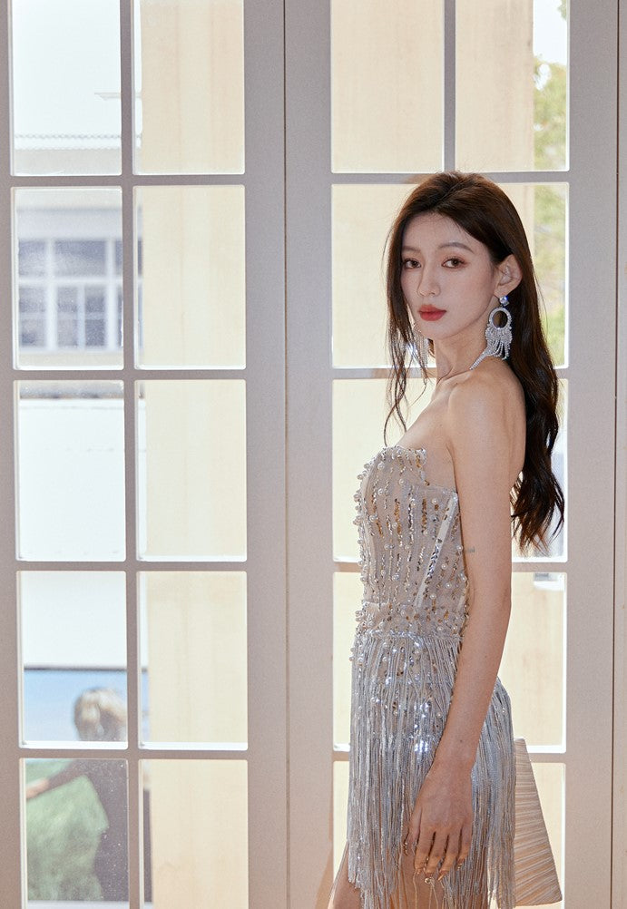 DOLLY Elegant Chest Wrap Glittering Tassel Tube Top Beaded Short Sexy Dress-LENORA  (V)