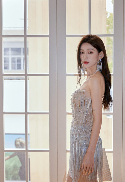 DOLLY Elegant Chest Wrap Glittering Tassel Tube Top Beaded Short Sexy Dress-LENORA  (V)