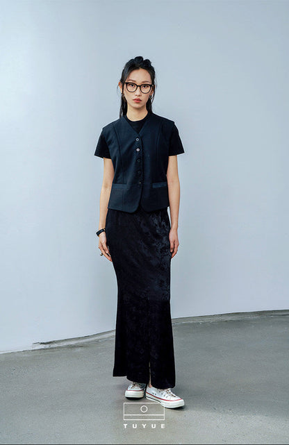 TUYUE Black Satin Woven Floral Mulberry Silk Mermaid Skirt - RANDY.