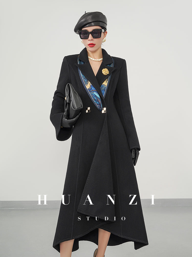 Huanzi double-sided cashmere women's black wool autumn winter coat - Muinw