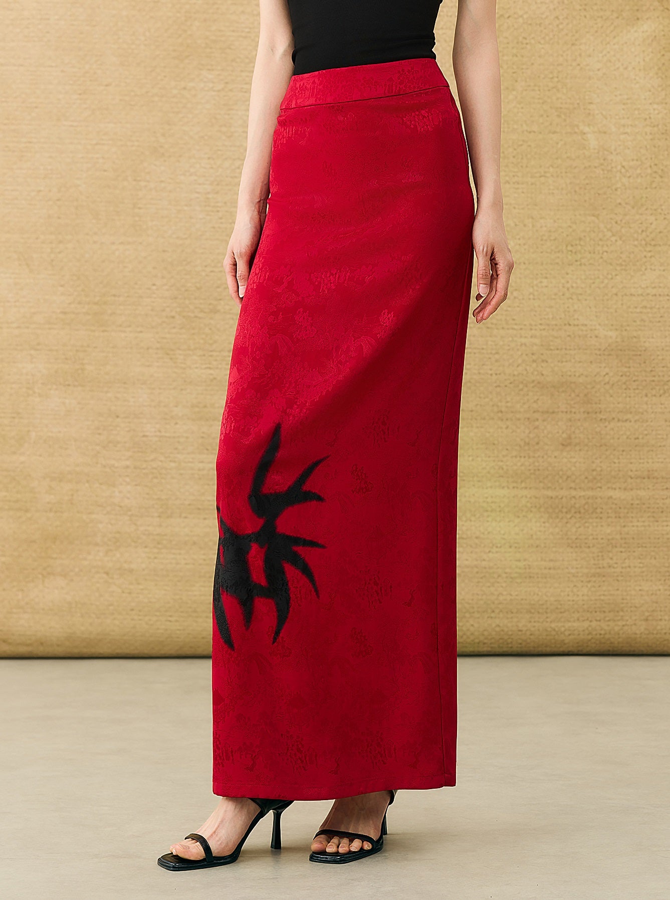 HECO Chinese high-end acetate bamboo feminine temperament printed slit skirt - COLT.