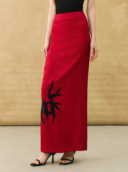 HECO Chinese high-end acetate bamboo feminine temperament printed slit skirt - COLT.