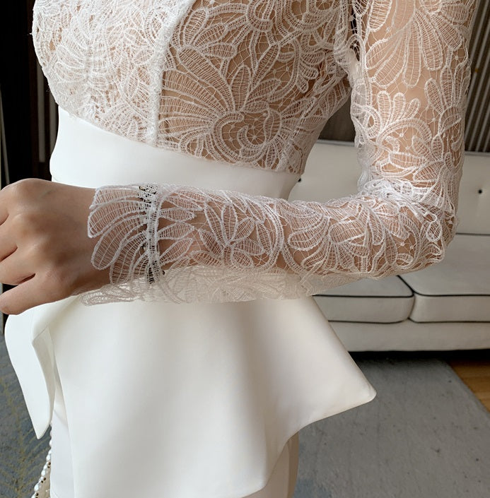 DOLLY Elegant White V-Neck Long Sleeve High Waist Peplum Short Date Dress-LOUIS