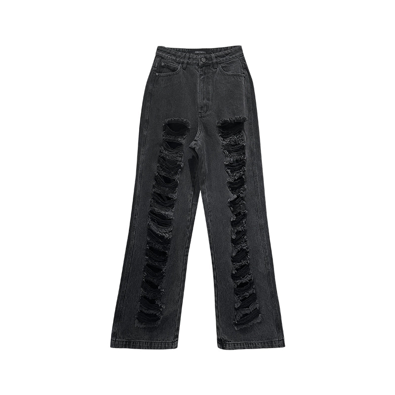 ANNAKIKI  Designer Women's Niche Black Ripped Distressed Jeans Wide-leg Pants-SPIKE