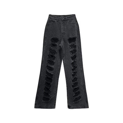 ANNAKIKI  Designer Women's Niche Black Ripped Distressed Jeans Wide-leg Pants-SPIKE