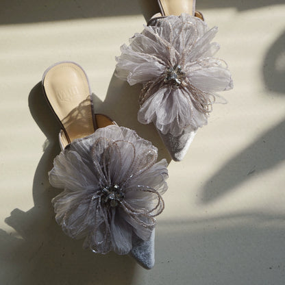 B-FEI flower embossed velvet pointed toe flat slippers-HAEIN.