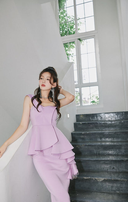 DOLLY High End Ruffled Fake Two Piece French Lace Off Shoulder Midi Office Dress-BRYONY