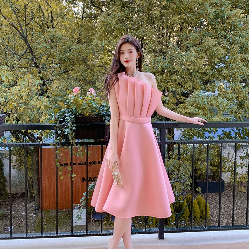 DOLLY Elegant Off Shoulder Pleated Ruffle Tube Top High Wait Midi Dress-LLA