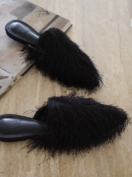 B-FEI black fur niche pointed toe flat mules shoe-VASCO.