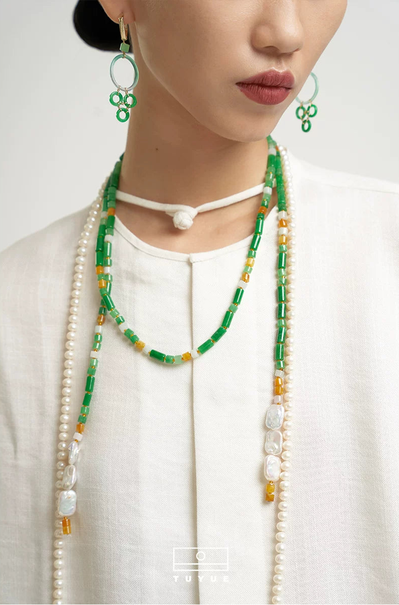 TUYUE Chinese baroque pearl jade long necklace- TRACY