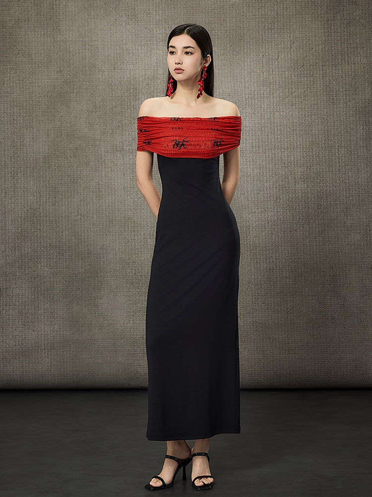 HECO Pleated One-Shoulder Bardot Temperament Midi Dress  - BELIEVE.