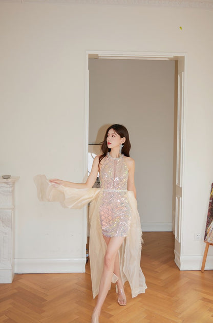 DOLLY High End Rainbow Sleeveless Bright Sequin Halter Neck Party Dress-NELLY