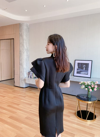 DOLLY Elegant French Style Black Stand Collar Short Sleeve Office Dress-MAMA