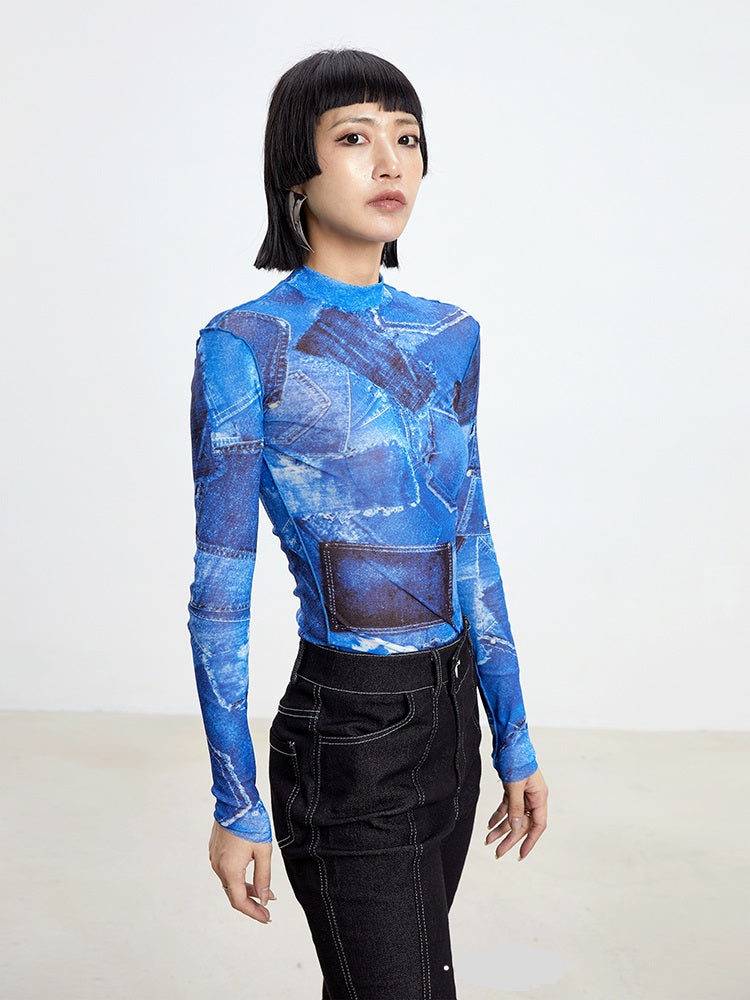 TINY IN denim print sun protection mesh long short sleeve t-shirt -IHU