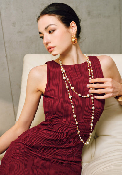 WANGXO | Textured 4D Stretch Knit Water Wave Weave Boat Neck Slim Fit Sleeveless Dress with Sculpted Flow -RÉMI