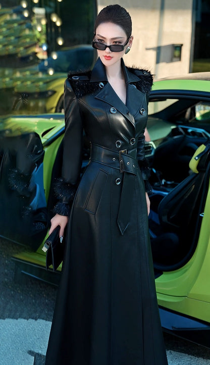 VJE  Black Faux Leather Waist Over Knee Trench Coat-PIA.