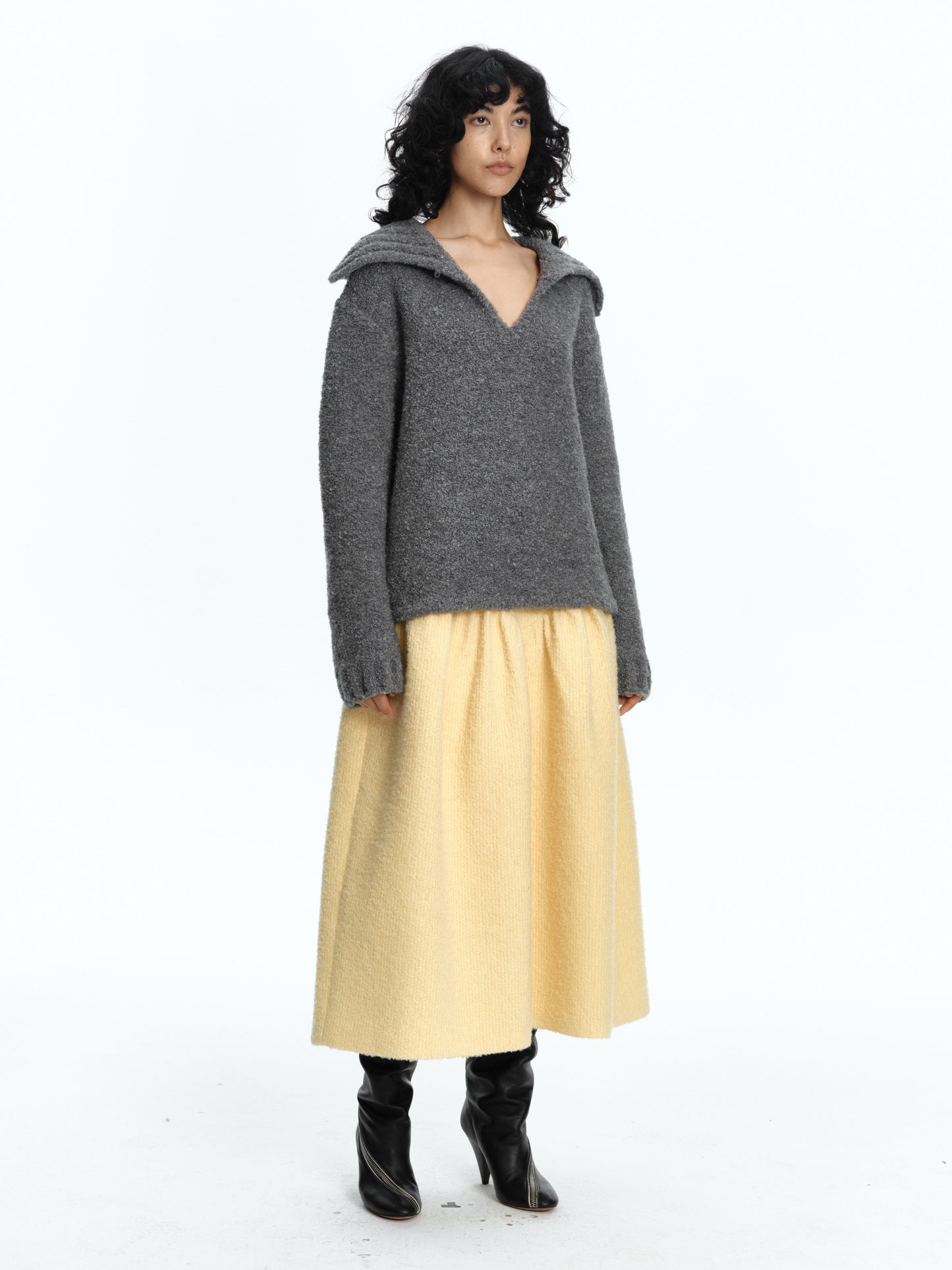 SERRER Flower grey plush hoop gauze lapel button-down sweater - CALEB.