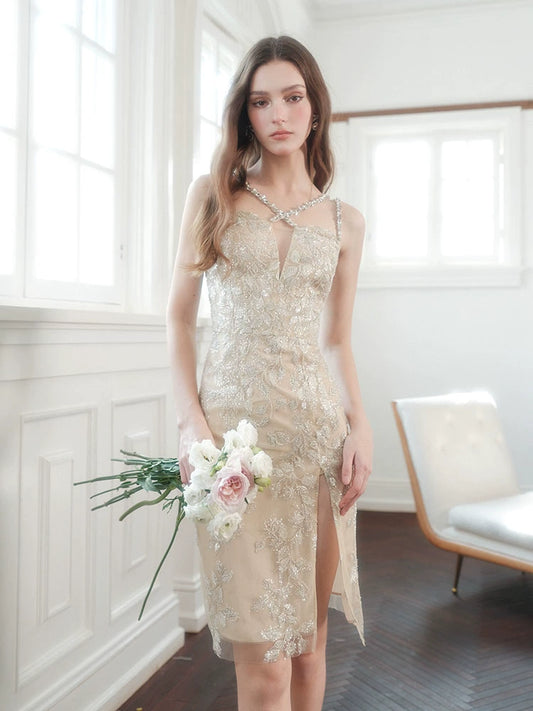 Wardrobes by Chen Luxury Gold Sleeveless Diamond Strap Dinner Dress-Dorei