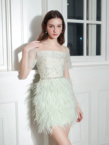 Wardrobes by Chen Luxury Mint Square Neck Lace Short Sleeve Cocktail Dress-Saint