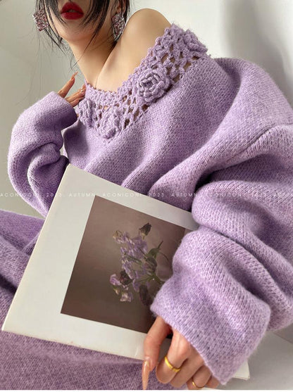 Aconiconi|Purple Flower Crochet openwork long cropped loose wool knit sweater  dress - Twilight
