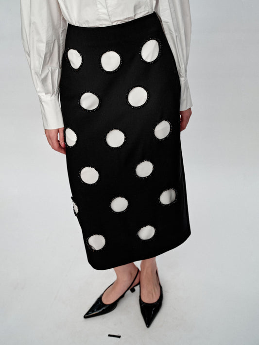 SERRER Black and white polka dot cut-out heavy studded beaded skirt - ALEXANDER.