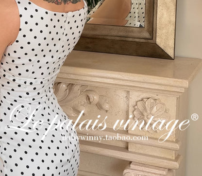 Le palais vintage black and white polka dot slim fit V-neck faux silk dress - MEEK.